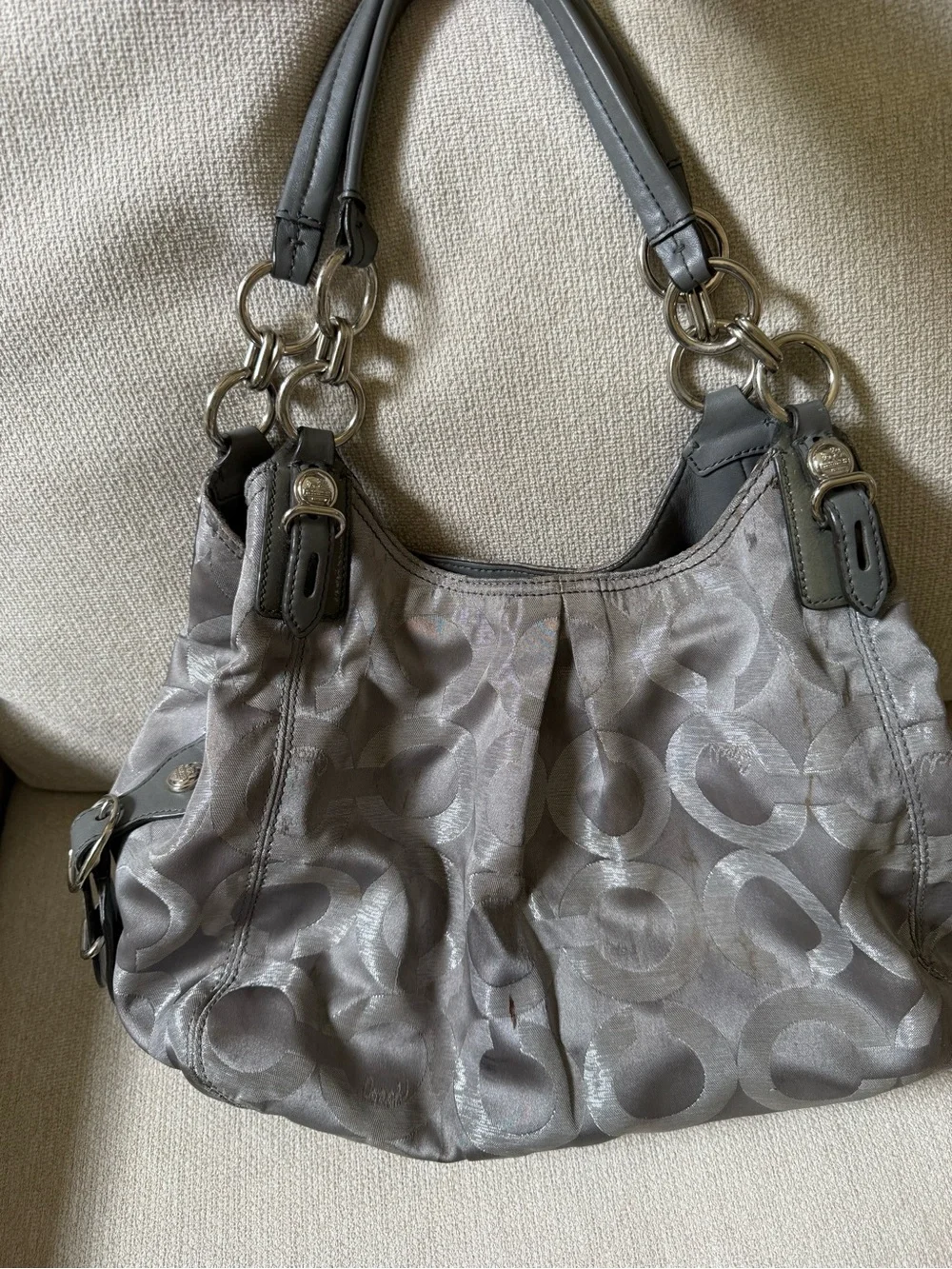 Coach Gray Signature Jacquard Hobo with Dark Leather Handles